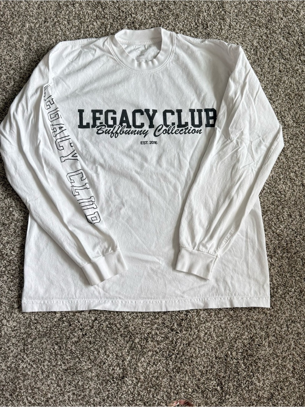 BuffBunny White Long Sleeve Tee with Black 'Legacy Club' Logo